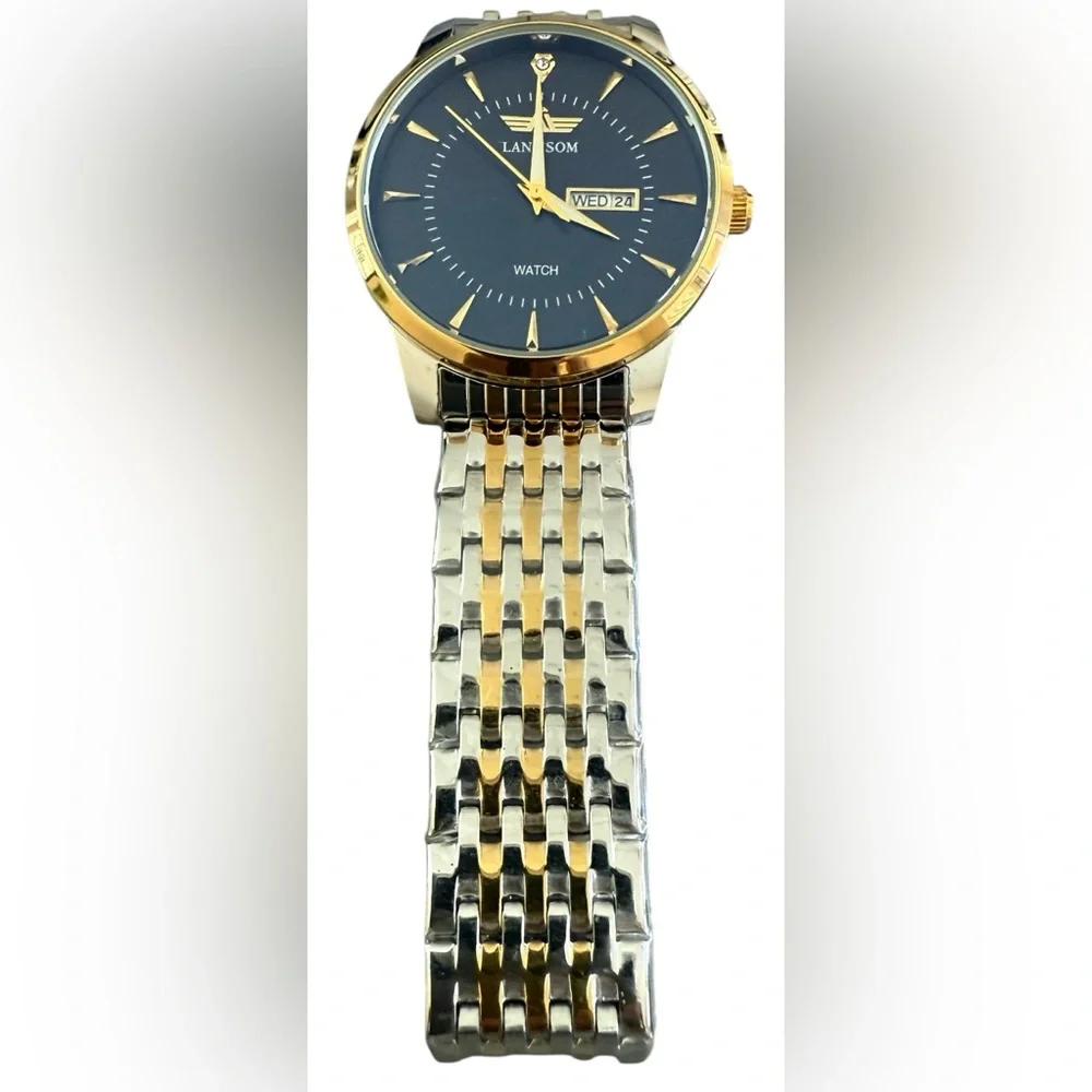 Lanmson Men’s waterproof watch steel, silver and gold tones with a black face